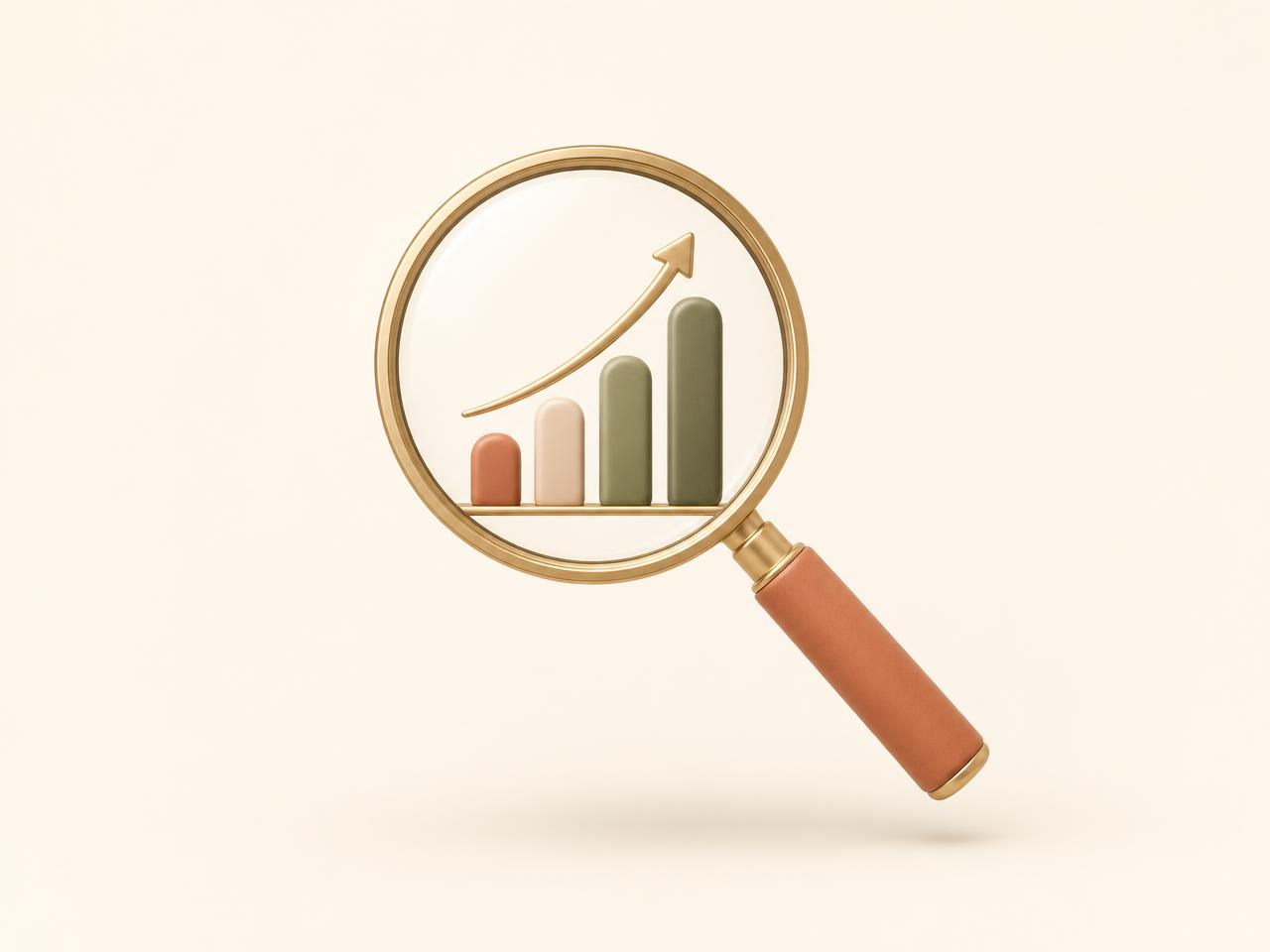 Lupa minimalista com gráfico de crescimento, representando a análise financeira do ateliê