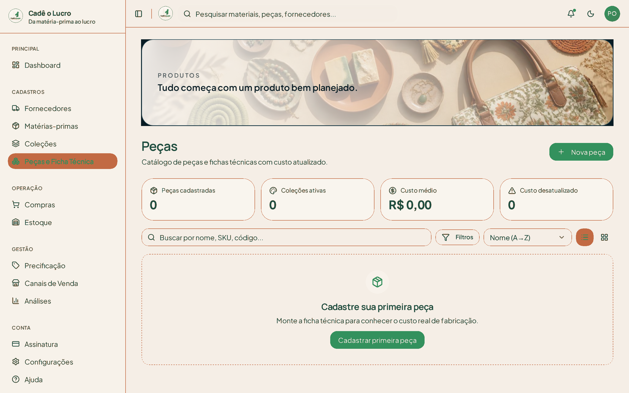Tela de produtos, ficha técnica e estoque do Cadê o Lucro?